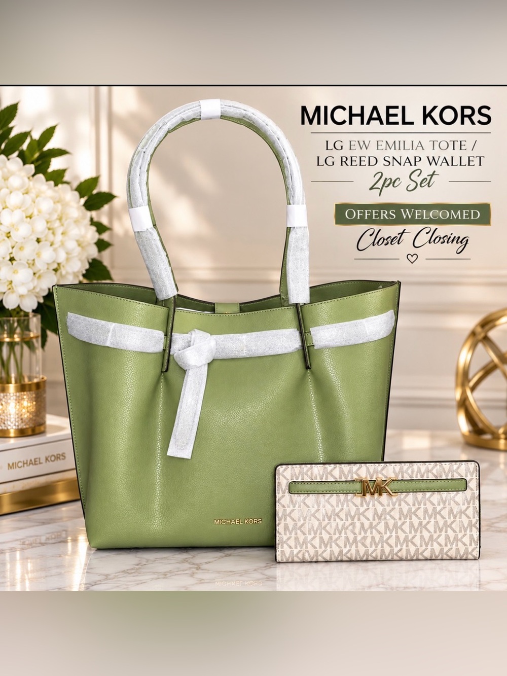 Michael Kors Lg EW EMILIA Tote/Lg REED Snap Wallet 2pc Set